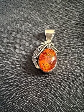 Navajo Sterling Amber Oval Sterling Pendant - Orange Gemstone pendent